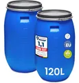 Garronda Set 2X 120 Liter Deckelfass Weithalsfass aus HDPE Regenfass für Garten Fass Regenwassertonne Futtertonne Universalfass Wasserfass Regentonne Lebensmittelfass Wassertank GD-0123, Blau