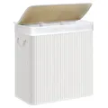 SONGMICS Wäschekorb 3 Fächer, 150 L Wäschesammler mit Deckel, Wäschebox Bambus, mit Griffen, faltbar, Wäschesack herausnehmbar maschinenwaschbar, Waschküche, weiß LCB091W01