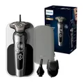 Philips Rasierer S9000 Prestige - Elektrischer Nass- und Trockenrasierer, glänzendes Chrom, Lift & Cut-Rasiersystem, SkinIQ-Technologie, Qi-Ladepad, Bartstyler, Nasentrimmer (Modell SP9871/22)
