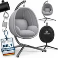 KESSER® Luxe Hängesessel mit Gestell + weiches Sitzkissen und Abdeckung, Seitenpolsterung, Rückenkissen Hängekorb Indoor & Outdoor, Garten Schaukel Hängestuhl Stabiler Standfuß, max. 150 kg Grau