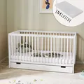 Babybett Kinderbett Gitterbett höhenverstellbar & herausnehmbare Sprossen Holz weiss mit schublade und Matratze 70x140 cm von Geburt bis 6. Lebensjahr