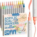 Artistro 24 Acrylstifte – Dual Tip (Pinsel & Fein) Marker für Stoff, Leinwand, Stein, Glas, Holz – Kalligrafie, Scrapbooking Zubehör, DIY & Geschenk für Kinder und Jugendliche – Kunstset