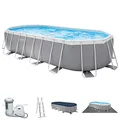 INTEX "Prism Frame" Pool oval Aufstellpool Komplettset (6,1 x 3,05 x 122cm) inkl. 12V Filterpumpe, Leiter, Abdeckplane & Bodenplane, Familienpool Swimmingpool Volumen ca 18.202 l, blau (26798GN)