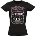 Baddery Print-Shirt Geburtstagsgeschenk für Frauen: "18 Jahre Jung wild und frei", hochwertiger Siebdruck, aus Baumwolle schwarz L