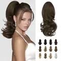 Sofeiyan 33 cm Pferdeschwanzverlängerung Langer Lockiger Pferdeschwanz Clip in Klaue Haarverlängerung Natürlich Aussehendes Synthetisches Haarteil für Frauen, Dunkelstes Braun & Helles Auburn