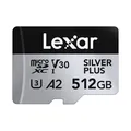 Lexar Silver Plus Micro SD Karte 512GB, Bis zu 205 MB/s Lesegeschwindigkeit, 150MB/s Schreibgeschwindigkeit, Speicherkarte Micro SD mit SD Adapter, UHS-I, A2, U3, V30, Klasse 10, 4K UHD microSDXC