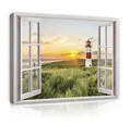 WallArena - Leinwand Bilder - Fensterblick Strand Leuchtturm Fenster - 80x60 cm Leinwandbilder - Bild auf leinwand - Wandbild XXL groß Wandbilder für Wohnzimmer Schlafzimmer Wohnzimmerbilder Modern