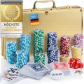 Profi Pokerkoffer Set mit 300 Poker-Chips (Gold, 12g Metallkern) inkl. 2 Kartendecks, Dealer-Button & Würfel im robusten Alu-Koffer