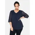 Tunika SHEEGO "Große Größen", Damen, Gr. 58, blau (marine), Obermaterial: 100% Polyester;Futter: 95% Viskose, 5% Elasthan, unifarben, elegant, figurumspielend normal, V-Ausschnitt, 3/4-Ärmel, Tuniken, im Lagenlook, mit Chiffon