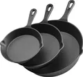 VEVOR Gusseisenpfanne Bratpfannen-Set (160 / 220 / 265 mm), Hochleistungs-Bratpfannen mit hitzebeständigem Griff, Kochpfanne, Küchenkochgeschirr, geeignet für Backofen Gas Elektro Schwarz