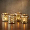 4er Set Windlicht Glas Gold H10cm Gelb Teelichthalter Tischdeko Kerzen Deko Retro Kerzenhalter Flachs
