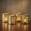 4er Set Windlicht Glas Gold H10cm Gelb Teelichthalter Tischdeko Kerzen Retro