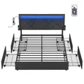 VASAGLE Doppelbettgestell, Bettgestell, 140 x 200 cm, LED, Metallbett, 4 Schubladen, Ladestation, verstellbares gepolstertes Kopfteil, Schiefergrau