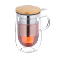 Relaxdays Teeglas, mit Edelstahl-Sieb, Bambusdeckel, Henkel, Volumen 430 ml, doppelwandige Teetasse, transparent/natur