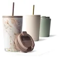 MAMEIDO Thermobecher mit Strohhalm 470 ml, Trinkbecher mit Deckel und Strohhalm aus Edelstahl doppelwandig isoliert, auslaufsicher, Coffee to go Becher (Pearl Marble)