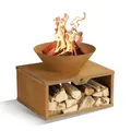 LANDMANN Feuerschale mit Holzlagerfach | Robuste Cortenstahl-Schale für gemütliche Abende im Freien | Mit praktischem Lagerplatz für Holzscheite | Einfache Montage & rustikales Design