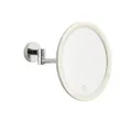 tesa VISIOON LED-Kosmetikspiegel - kabelloser Schminkspiegel mit dimmbarer Beleuchtung - Touch Control, integrierter Akku, 5-fache Vergrößerung, Gelenkarm - Wandmontage ohne Bohren - 18 cm - Chrom