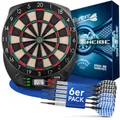 DartPro Dartscheibe elektronisch - 6 Softdarts - Profi Dartboard für bis zu 8 Spieler, 21 Spiele, 65 Varianten - LCD-Display - Batterie- & Netzbetrieb