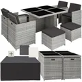 tectake® Rattan Lounge Möbel Set mit Aluminium Gestell, 4 Stühle, 4 Hocker, Tisch, platzsparende Aufbewahrung, Outdoor Rattan Gartenmöbel für Garten Terrasse, mit Abdeckung und 2 Bezugssets - hellgrau