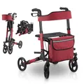 Juskys Rollator Vital rot - Gehhilfe faltbar & leicht aus Aluminium bis 130 kg - Laufhilfe höhenverstellbar mit Sitz, Tasche & Regenschirmhalterung