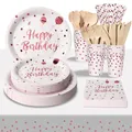 PYAILI 193 Pieces Happy Birthday Partygeschirr Set | Kindergeburtstag Weiß Rotgold Pappteller | Tablecloth, Plates, Cups, Napkins, Papier Strohhalme und mehr (24 Gästes)