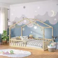 Bellabino Bia Kinderbett 120x200 cm – Hausbett mit Rausfallschutz & Lattenrost – Montessori Bodenbett aus Massivholz Kiefer – Kinder Bett in Natur für Jungen und Mädchen