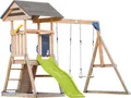 AXI Mia Spielturm aus Holz in Braun mit Doppelschaukel | Spielplatz für Kinder mit hellgrüner Rutsche, Schaukel, Kletterwand & Sandkasten | Stelzenhaus für den Garten