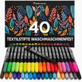 40 Textilstifte Waschmaschinenfest - Textilfarbe Waschmaschinenfest - Ungiftig, Waschfeste und Permanente Stoff Marker ideal für T-Shirts, Stofftaschen und andere Textilien - Für Kinder und Erwachsene