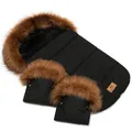 Baby Fußsack Minky WinterFußsack und Handmuff SET für Kinderwagen Maße 85 cm für Buggy Mit Rote Fell Kaputze Farbe Gesteppt Schwarz [071][073]