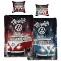 BERONAGE VW Volkswagen Bulli Bettwäsche Originals Rot/Blau 135 cm x 200 cm + 80 cm x 80 cm VW-Bus T1 100% Baumwolle Linon/Renforcé Retro Camper Van 2 Motive Wendebettwäsche Reißverschluss 087