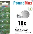 10x AG1 PoundMax Alkaline Knopfzelle/Uhren LR621, LR60, 364 SR621SW 1,5V
