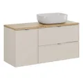 Lomadox Waschbeckenschrank BIBIONE-56 120 cm breit in kaschmir & Eiche, inkl. Wäschekorb, Aufsatzbecken