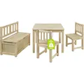 Bomi Kindersitzgruppe Anna mit integrierter Spielzeugkiste | Kinderzimmer-Set inkl. Kindertisch mit 2 Stühlen & Kindertruhenbank | Kindermöbel aus FSC nachhaltigem Kiefern Massiv Holz | Naturbelassen