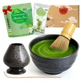 Matcha Teezeremonie Set "Goma" mit Schale, Besen, Besenhalter & Matchapulver + Cocos – japanisches Komplettset für Einsteiger - Schwarz