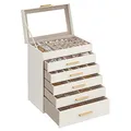 SONGMICS GISELLA Kollektion - Schmuckkästchen, Schmuckkasten mit 6 Ebenen, Schmuckbox mit Glasdeckel, 5 Schubladen, für Sonnenbrillen, Schmuckaufbewahrung, modern, wolkenweiß-golden JBC171W01