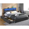 VASAGLE Doppelbettgestell, Bettgestell, 160 x 200 cm, LED, Metallbett, 4 Schubladen, Ladestation, verstellbares gepolstertes Kopfteil, schiefergrau - Dunkelgrau