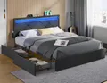 VASAGLE Polsterbett Bettgestell, Metallbett (160 x 200 cm, 4 Schubladen, verstellbares gepolstertes Kopfteil), LED, Ladestation, in 4 Größen verfügbar