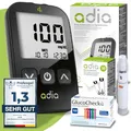 Komplett-Set adia Blutzuckermessgerät (mg/dL) + 60 Blutzuckerteststreifen + 110 Lanzetten, 1 Stechhilfe, 1 Etui, zur Blutzucker-Selbstkontrolle für Zuhause