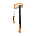 Fiskars Werkzeug-Set, Spaltaxt inkl. Klingen-/Transportschutz, Stahl/Kunststoff und Handsäge für frisches Holz, Einziehbar, Rostfreies Stahl-Sägeblatt, Schwarz/Orange, 1025437