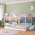 Bellabino Bia Kinderbett 140x200 cm – Hausbett mit Rausfallschutz & Lattenrost – Montessori Bodenbett aus Massivholz Kiefer – Kinder Bett in Weiß für Jungen und Mädchen