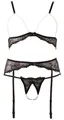 Abierta Fina BH Set Perlen - erotisches 3-teiliges Strapsset für sie, Dessous-Set, BH, ouvert String und Strapsgürtel, Verführung des Partners, schwarz
