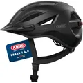 ABUS Stadthelm Urban-I 4.0 - Fahrradhelm mit aufladbarem Rücklicht, 2 Leuchtmodi, Schirm, Zopf-Öffnung und magnetischem Verschluss - für Jugendliche, Frauen und Männer - Größe M, schwarz