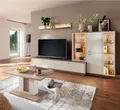 Wohnwand in Eiche und weiß modern mit Couchtisch & LED-Beleuchtung, 4-teilig - SAGUNTO-05