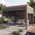 Pergola HWC-L46 mit Seitenwand, Lamellen-Pavillon Rollo, 10cm-Alu-Gestell, sturmfest 3x3m - Gestell Holzoptik, anthrazit