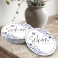 50 Bierdeckel rund 'Schön, DASS du da bist' – floral Schmetterling fliederblau – Vintage Tischdeko & Gastgeschenk Hochzeit – stilvoller Untersetzer – 50 Stück – Funke & Brand