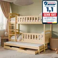 Hochbett 90x200 Etagenbett Kinderbett Jugendbett Stockbett 3 Kinder, zwei Schubladen & Rausfallschutz Kinder Bett umbaubar in 3 Einzelbetten | von 4. bis 16. Lebensjahr | inkl. Lattenrosten | natur