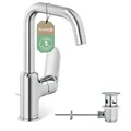 KLUDI-X1 Waschtischarmatur mit Zugstangen-Ablauf, 360° schwenkbar, Auslaufhöhe 205 mm, wassersparender Wasserhahn Bad Größe L, Mischbatterie Waschbecken inkl. Anschlussschläuche in Chrom