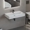 Aqua Bagno Keramik Waschbecken 80 cm breit - eckiges Hängewaschbecken oder Aufsatzwaschbecken mit Hahnloch, 8 mm dünner Rand, Wandmontage Badmöbel, Weiß