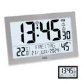 ADE Digitale Funkuhr mit großem XL-Display | Kalender | mit Temperaturanzeige & Hygrometer | Wanduhr | Funkwecker mit 2 Weckzeiten und Schlummerfunktion | Silber