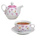 Teekanne Set in rosa pink gold und weiß mit Herz - Süße Porzellan Teetasse mit Deckel für 400ml | 200ml - Außergewöhnliche Kaffeetassen spülmaschinenfest und mikrowellengeeignet als Geschenk